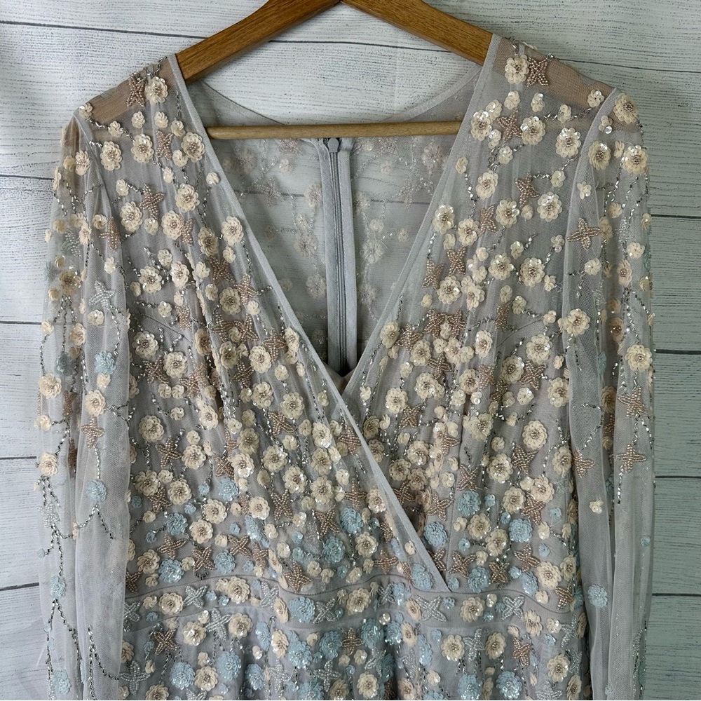 Mac Duggal size 16 Embellished Wrap Over Illusion Long Sleeve A Line Gown Gray - Picture 6 of 16